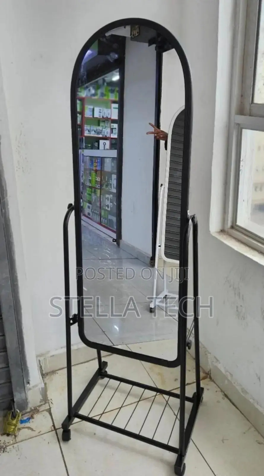 Black Full Length Dressing Mirror With Wheels and Shoes Rack