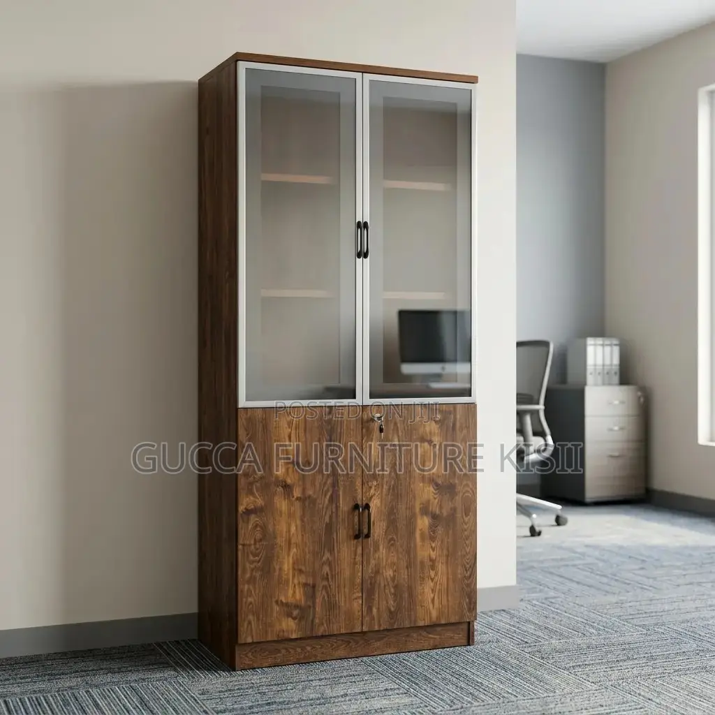 Storage Cabinet; 2-Door Wooden Office Bookcase With Glass on Top