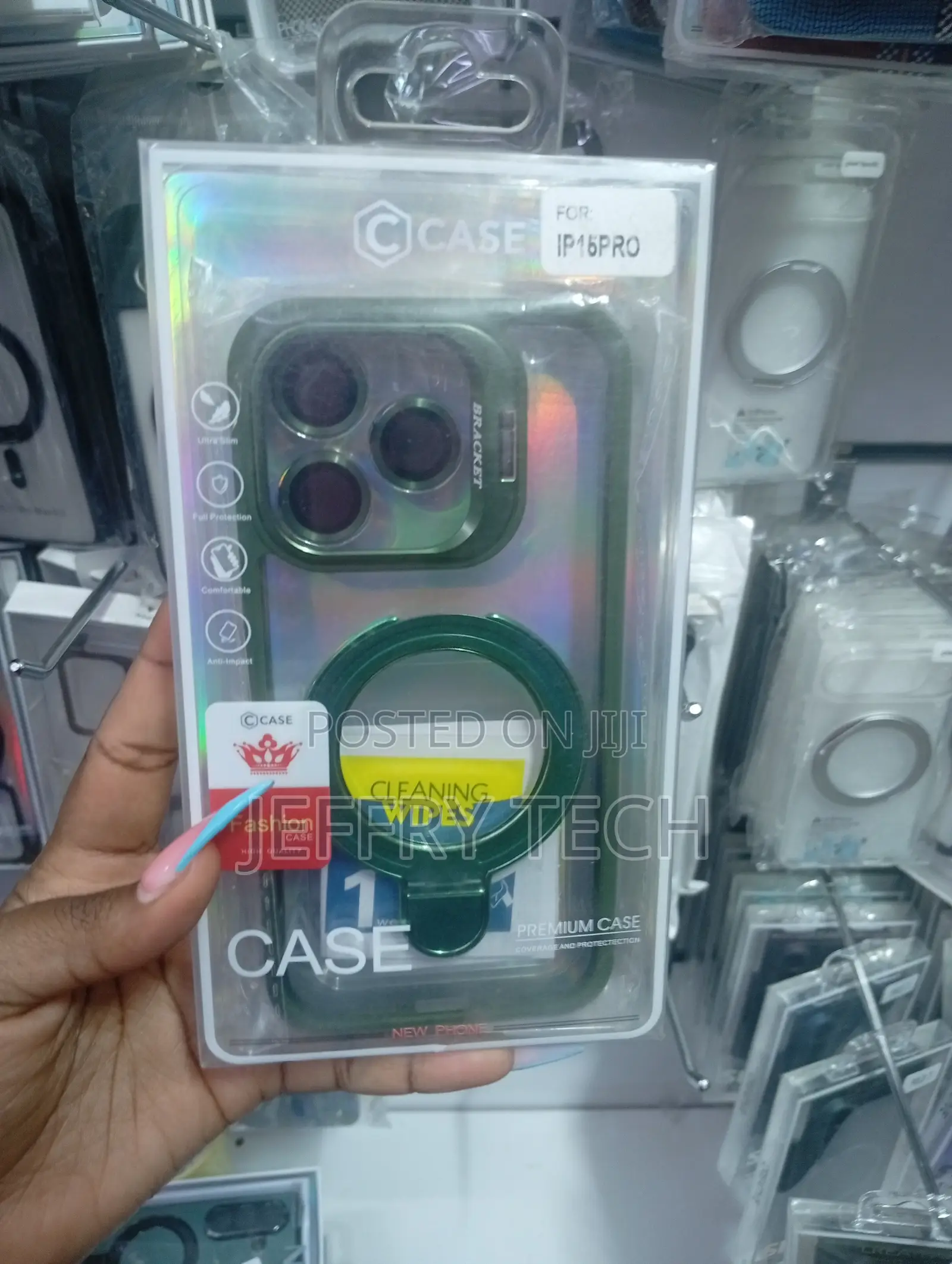 Green Magnetic Case With a Ring Stand and Lens for the iPhone 16 Pro