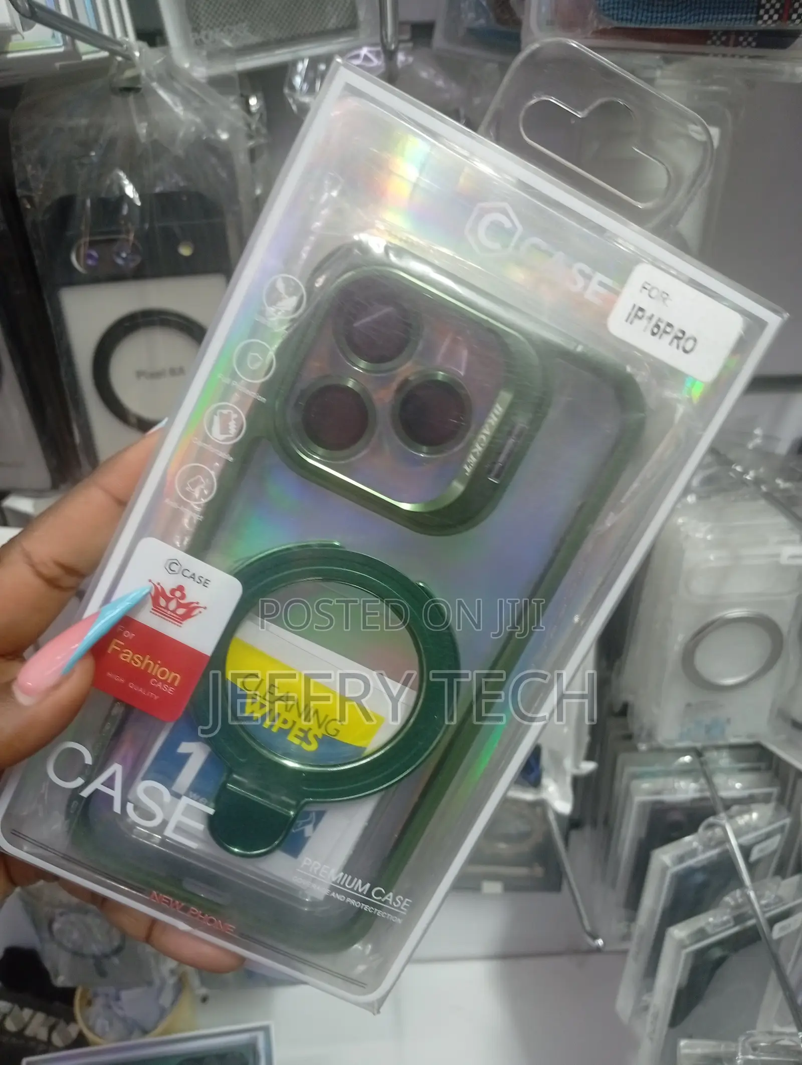 Green Magnetic Case With a Ring Stand and Lens for the iPhone 16 Pro