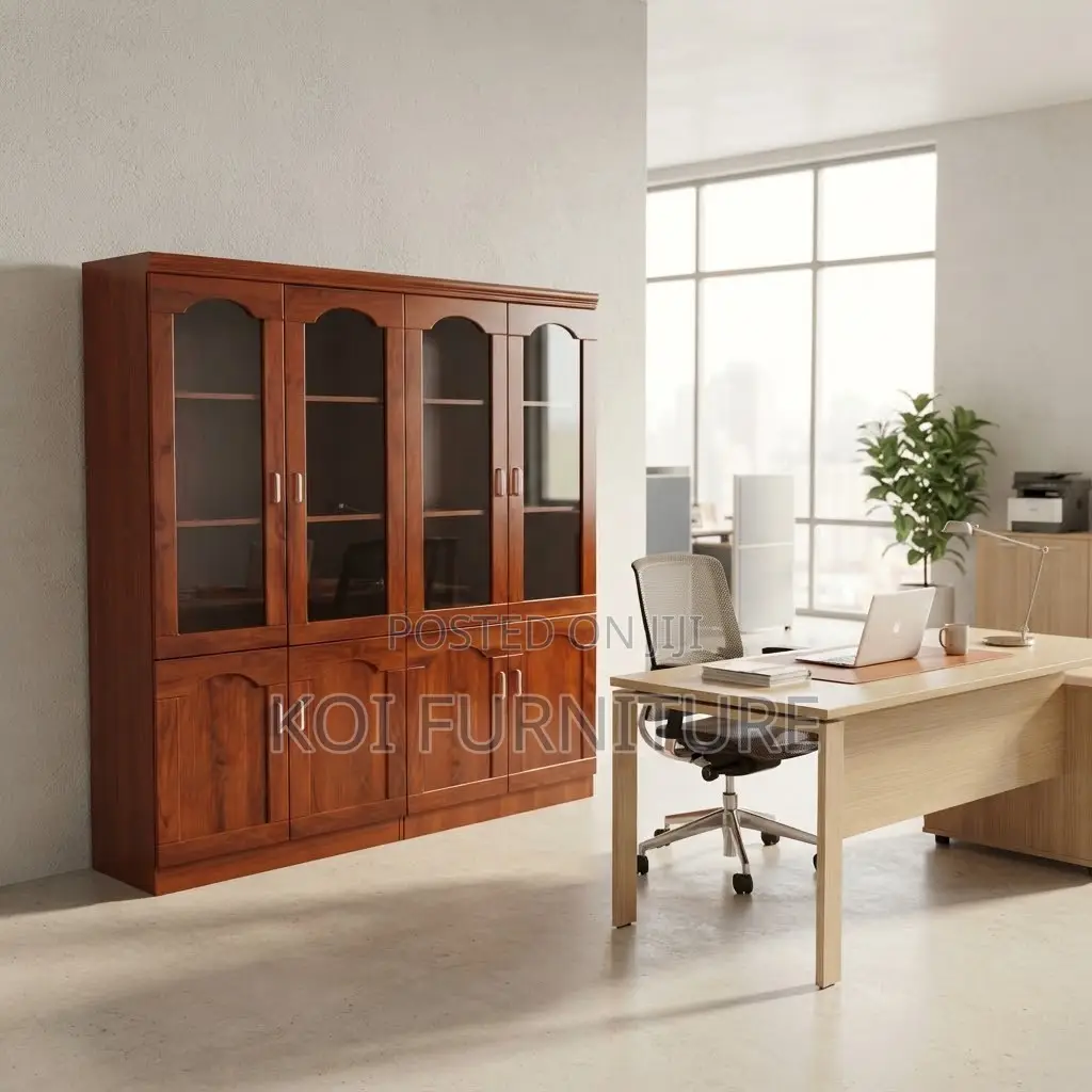 Office Cabinet; Executive Mahogany Finish Four Glass Doors Cabinet