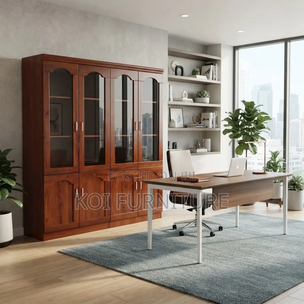 Office Cabinet; Executive Mahogany Finish Four Glass Doors Cabinet