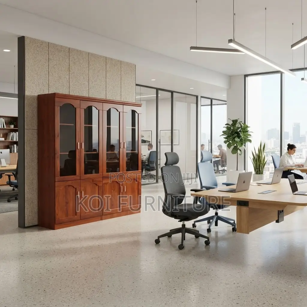 Office Cabinet; Executive Mahogany Finish Four Glass Doors Cabinet