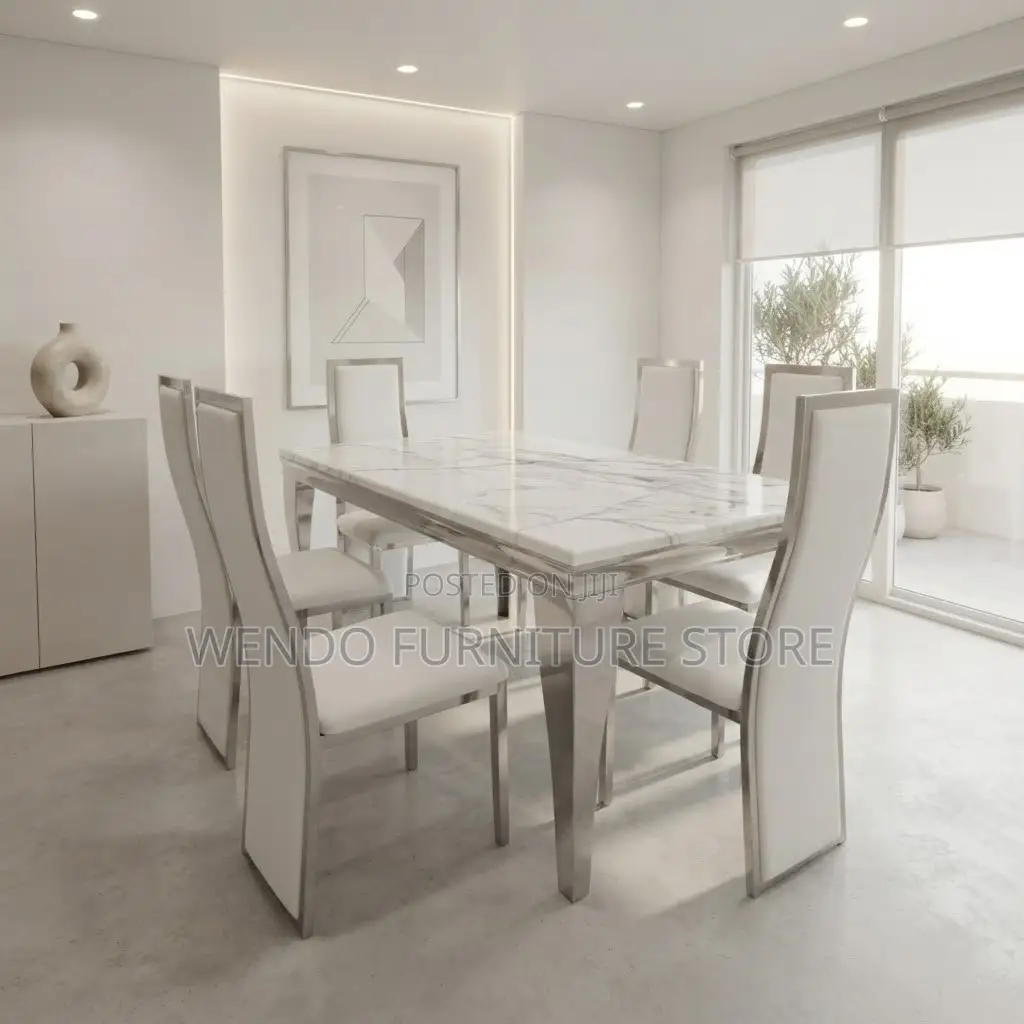 Dining Set; Six Seaters Marbled Table With Polished Finish