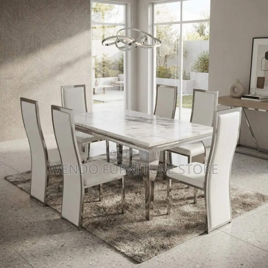 Dining Set; Six Seaters Marbled Table With Polished Finish