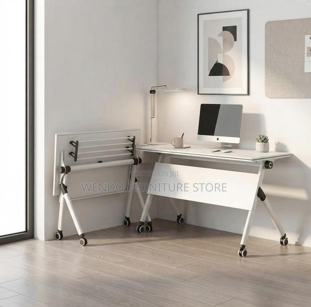 Office Tables; White Foldable Offices Folding Mobile Table - thumbnail 3