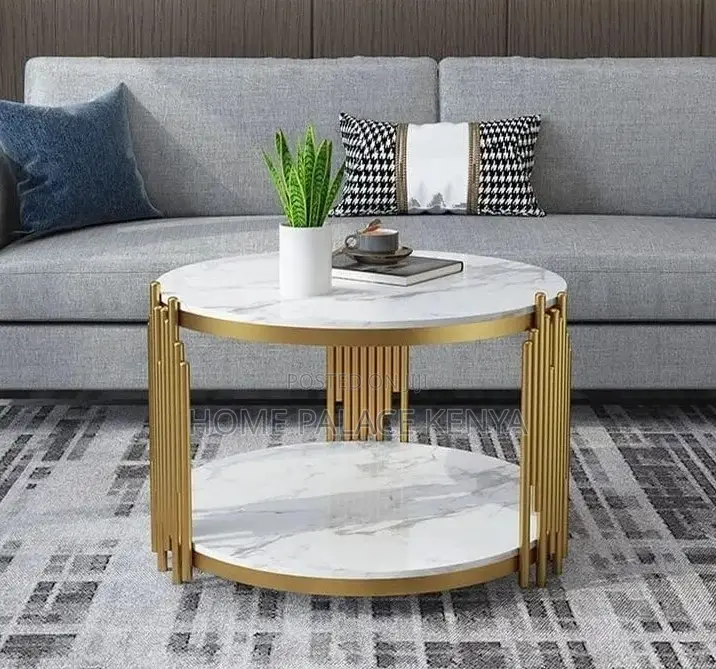 Coffee Table; Elegant Marble Coffee Table With Gold Metal Frame