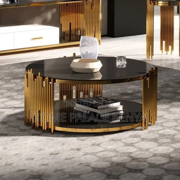 Coffee Table; Elegant Marble Coffee Table With Gold Metal Frame