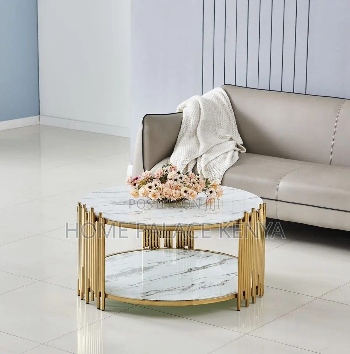 Coffee Table; Elegant Marble Coffee Table With Gold Metal Frame
