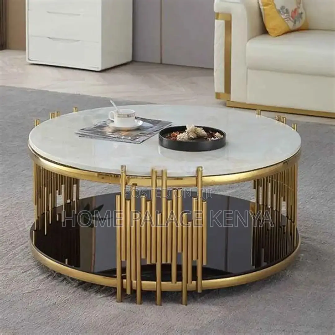 Coffee Table; Elegant Marble Coffee Table With Gold Metal Frame