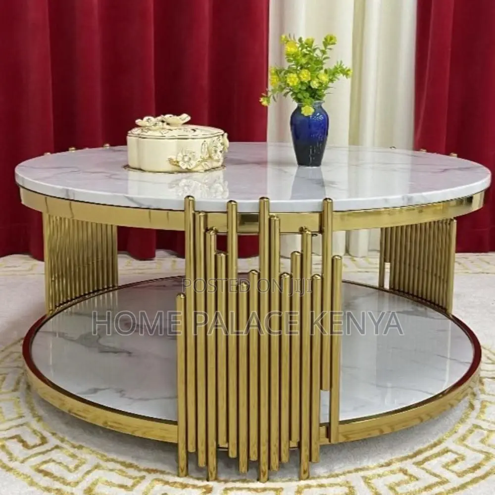 Coffee Table; Elegant Marble Coffee Table With Gold Metal Frame
