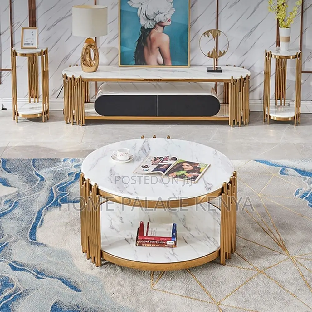 Coffee Table; Elegant Marble Coffee Table With Gold Metal Frame