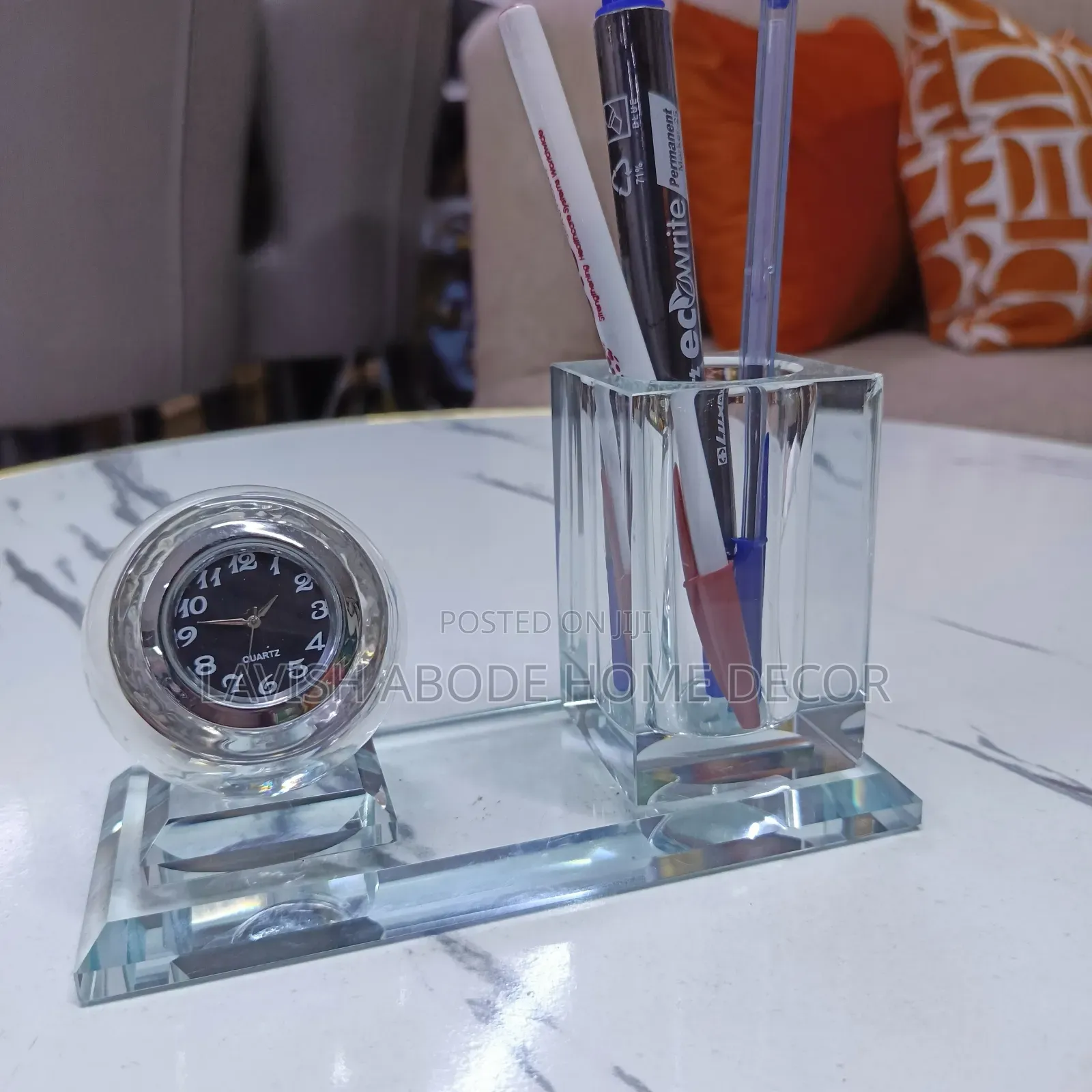 Crystal Glass Desktop Clock & Pen Holder Set – Elegant Desk Décor