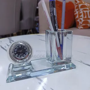 Crystal Glass Desktop Clock & Pen Holder Set – Elegant Desk Décor