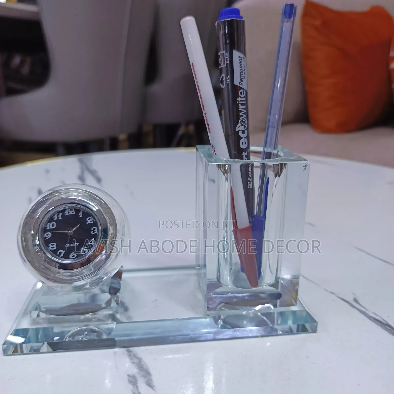 Crystal Glass Desktop Clock & Pen Holder Set – Elegant Desk Décor