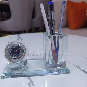 Crystal Glass Desktop Clock & Pen Holder Set – Elegant Desk Décor