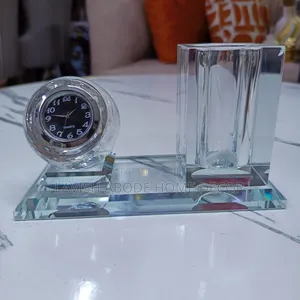 Crystal Glass Desktop Clock & Pen Holder Set – Elegant Desk Décor