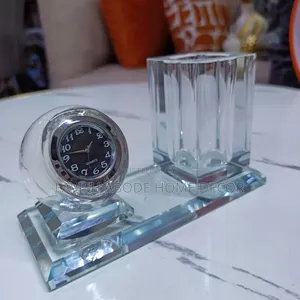 Crystal Glass Desktop Clock & Pen Holder Set – Elegant Desk Décor