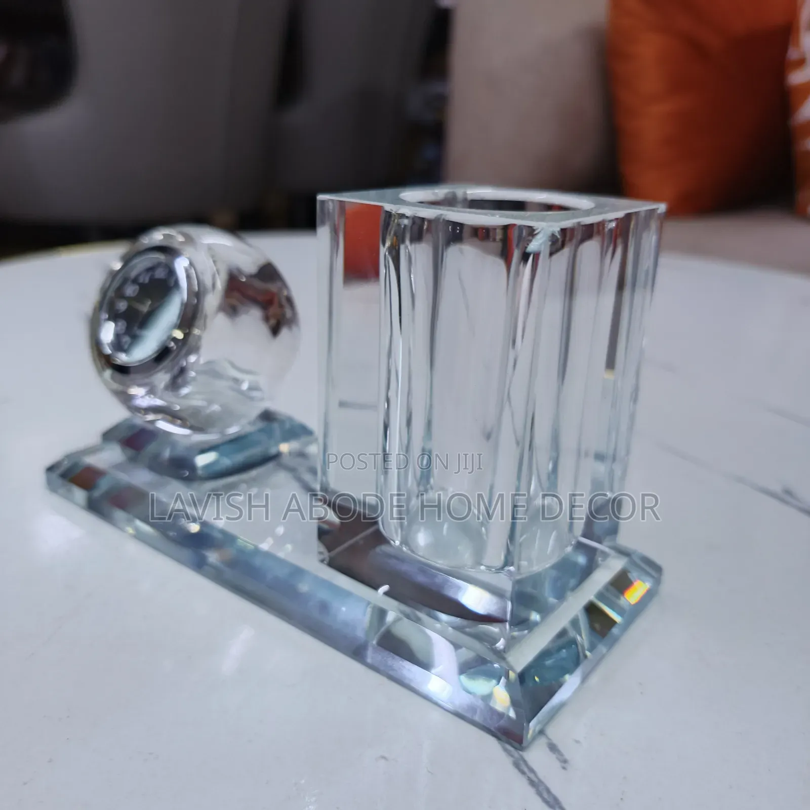 Crystal Glass Desktop Clock & Pen Holder Set – Elegant Desk Décor