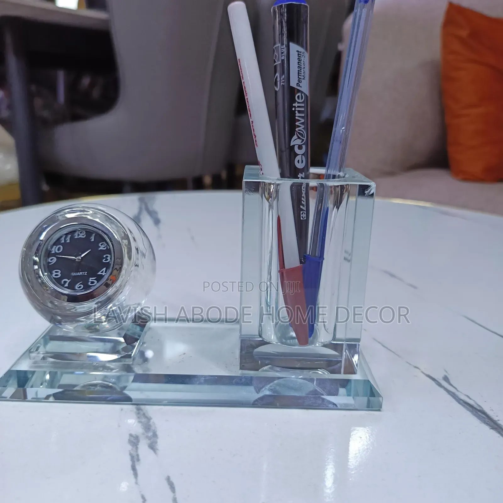 Crystal Glass Desktop Clock & Pen Holder Set – Elegant Desk Décor