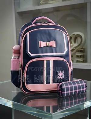 Premium Navy Blue and Pink Children's School Backpack & Pouch Set