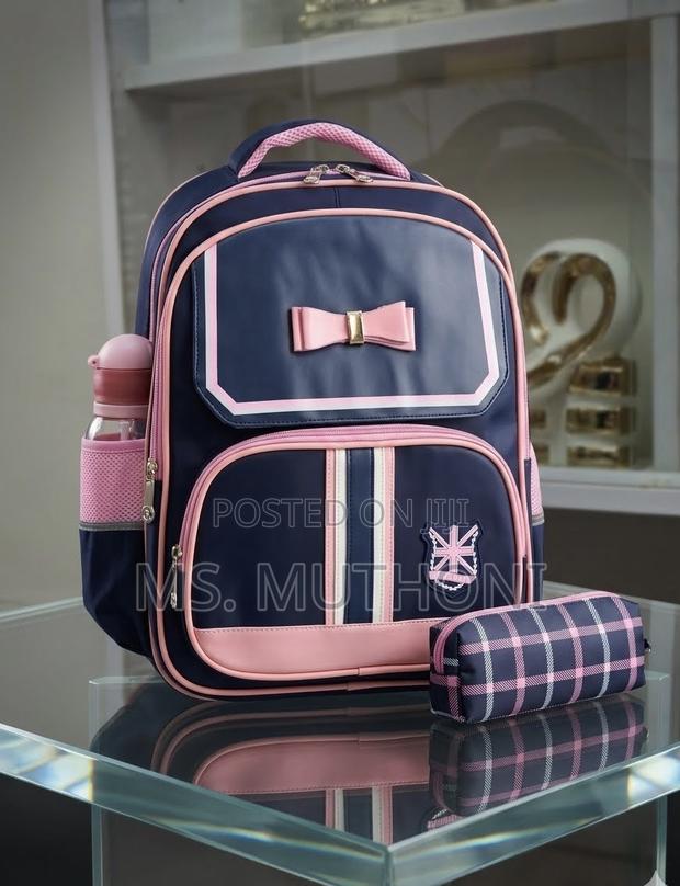 Premium Navy Blue and Pink Children's School Backpack & Pouch Set