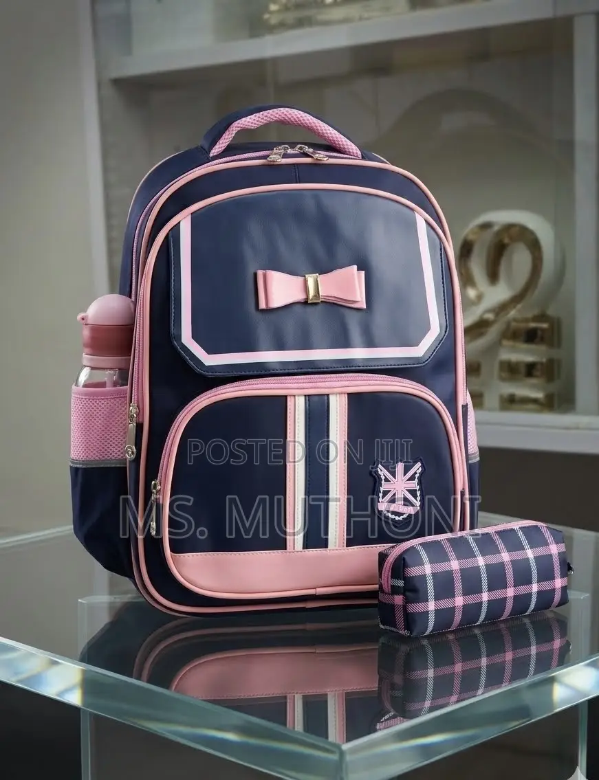 Premium Navy Blue and Pink Children's School Backpack & Pouch Set