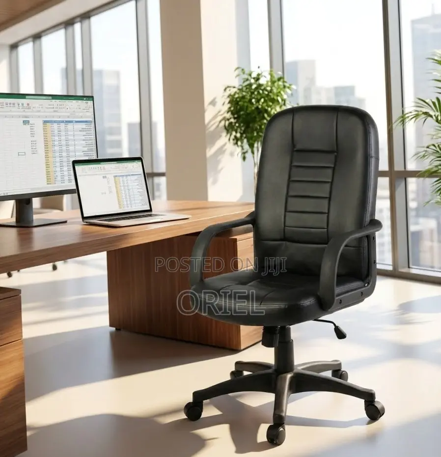 Office Chair : Mid Back Black Leather Padded Swivel Chair