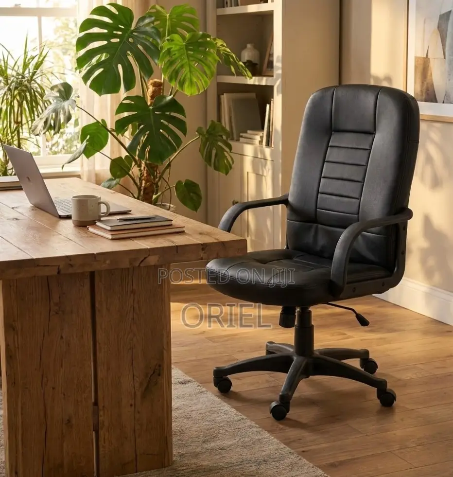 Office Chair : Mid Back Black Leather Padded Swivel Chair