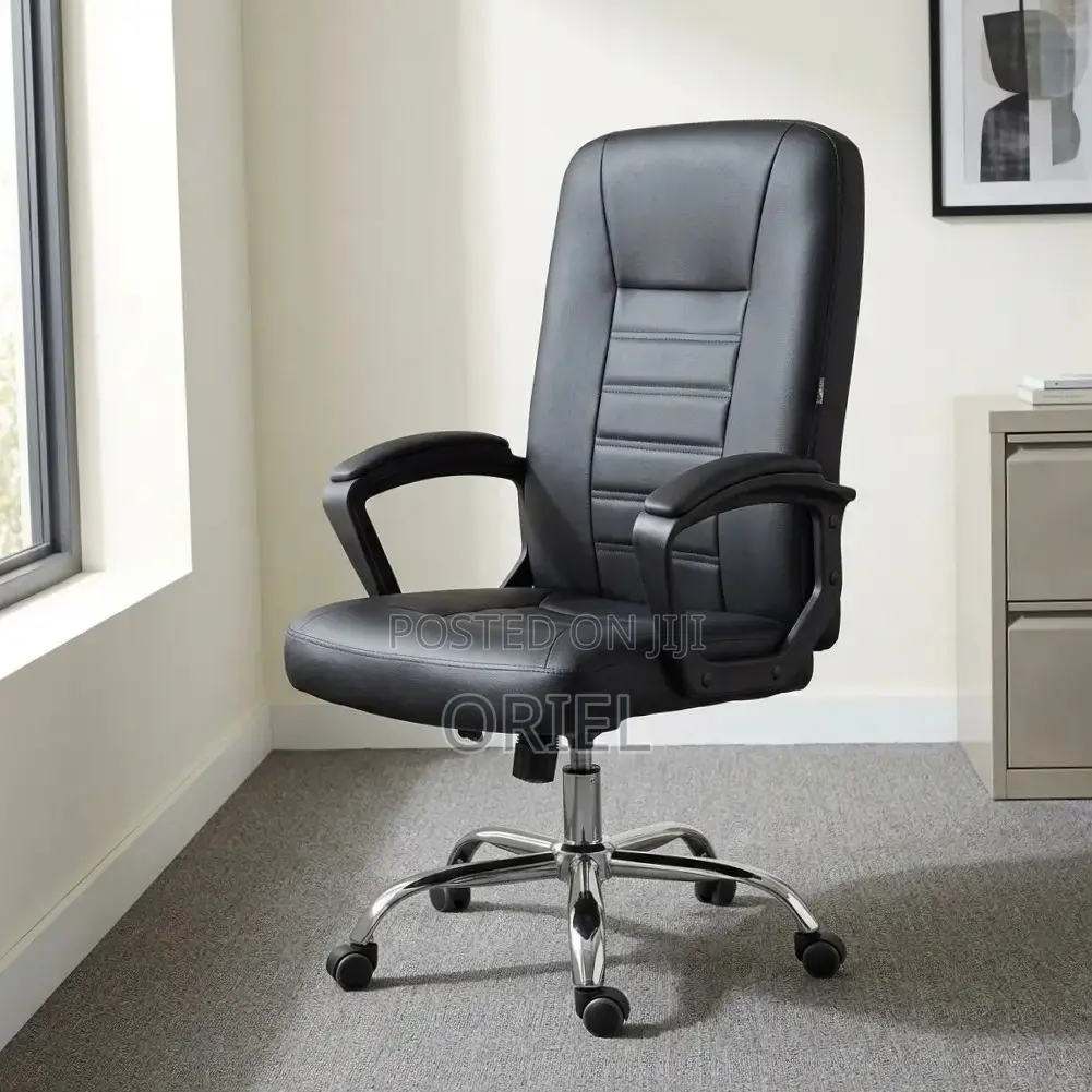 Office Chair : Mid Back Black Leather Padded Swivel Chair