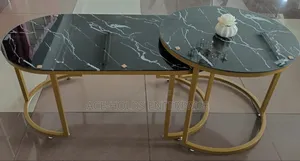 2 in 1 Marble Nesting Oval Coffee Table (Glass Effect) White and Black