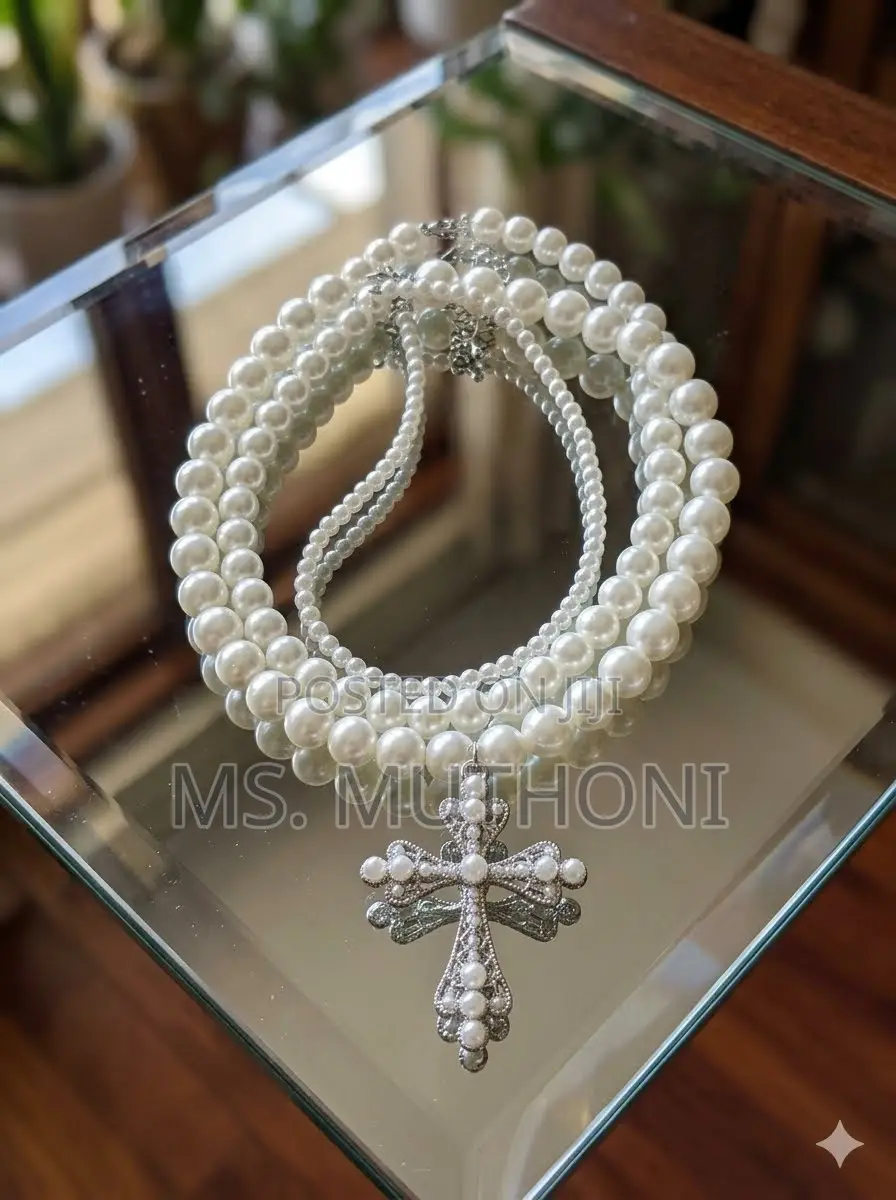 White Cross Pendants Multilayed Pearl Necklaces