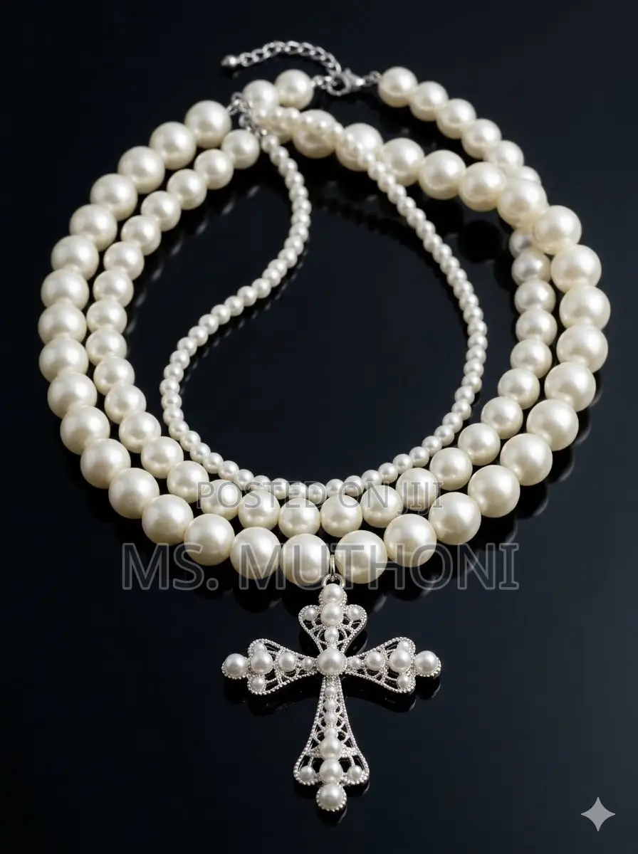 White Cross Pendants Multilayed Pearl Necklaces