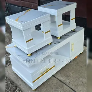 White and Gold COFFEE TABLE  With Glass/Marble Topping With 2 Stools