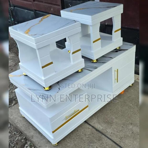 White and Gold COFFEE TABLE  With Glass/Marble Topping With 2 Stools