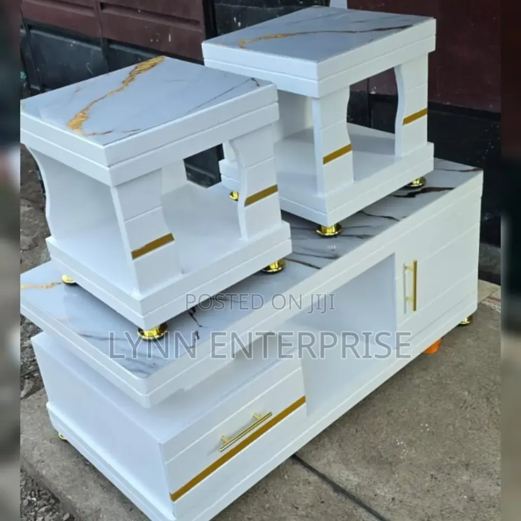 White and Gold COFFEE TABLE  With Glass/Marble Topping With 2 Stools
