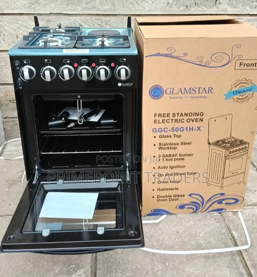 Glamstar Black 50×55 Standing Cooker – 3 Gas + 1 Electric 🔥