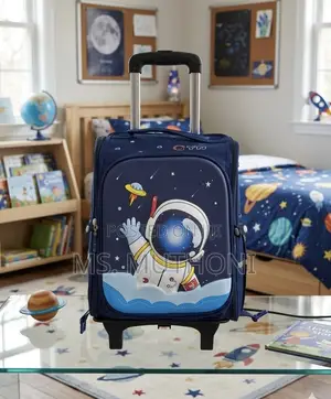 a Blue Astronaut-Themed Children's Rolling Trolley School Bag