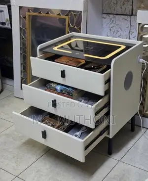 🔊 White Smart Bedside Table With Three Pull-Out Drawers, a Glass Top