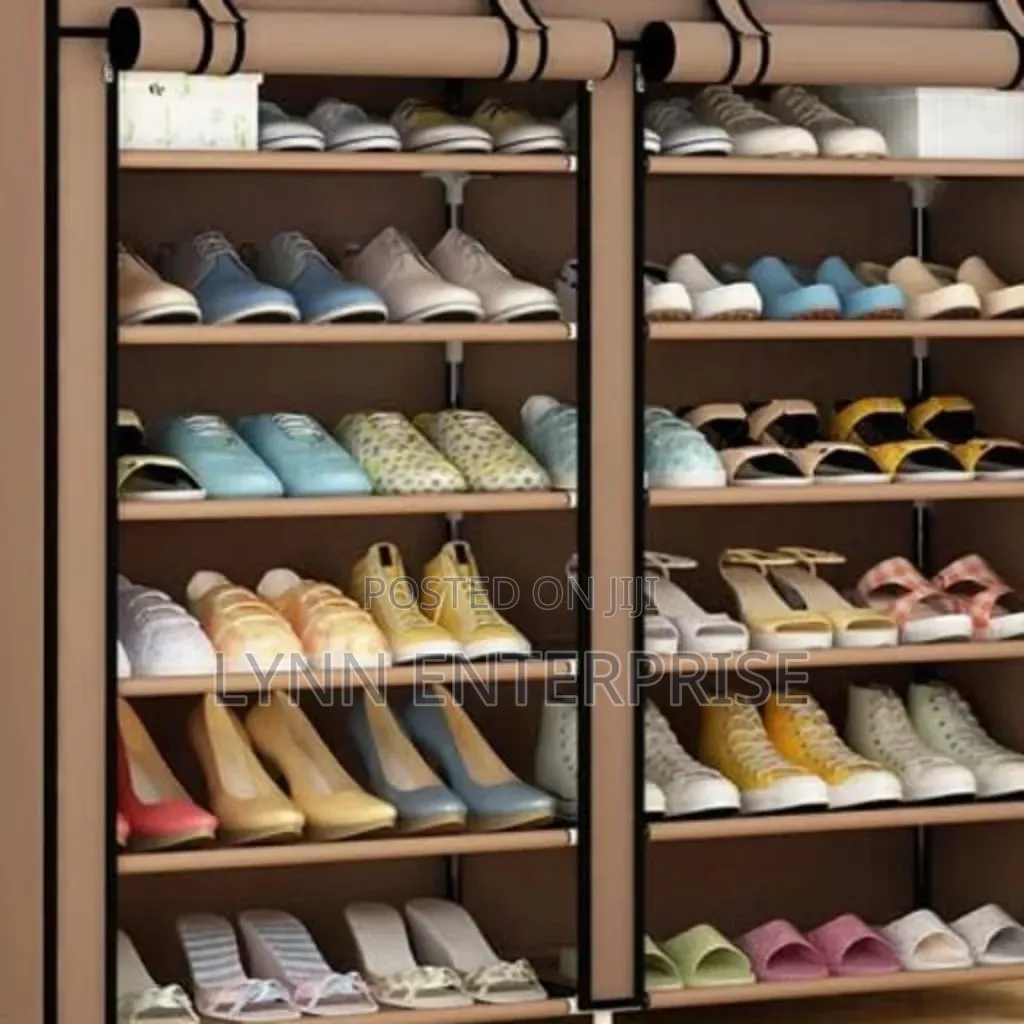 Brown Double Column Shoe Rack With Canvas Cover