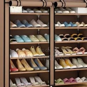 Brown Double Column Shoe Rack With Canvas Cover