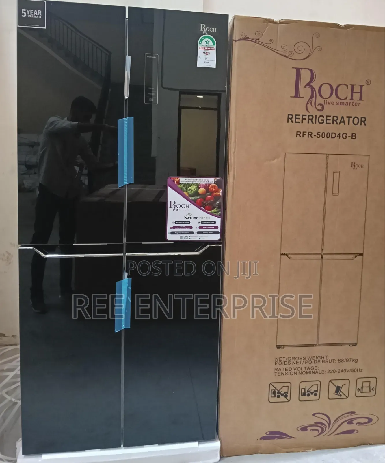 RFR 500-D4g -B Roch 421 Litres  Glass Four Door Refrigerator ,*