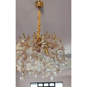 Modern Luxury Golden Tree Branch With Leaves Crystal Chandelier