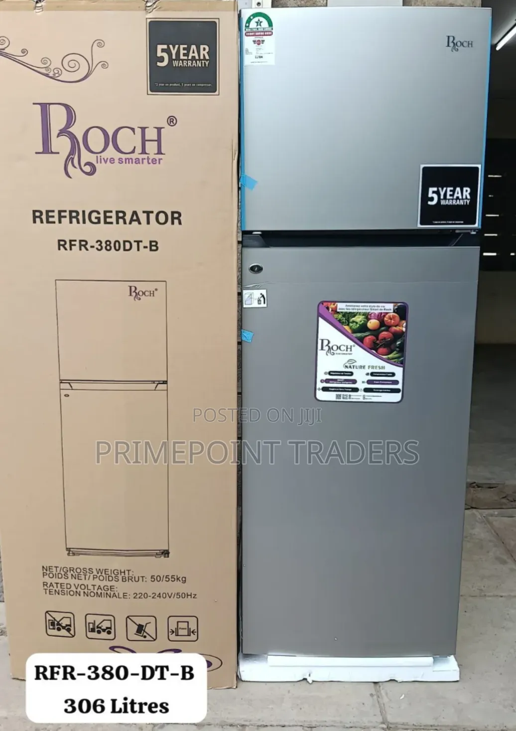 ROCH 306L Double Door Fridge – RFR-380-DT-B | Large Storage Capacity