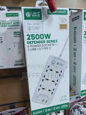 Lightwave -3p 6-Way Extension Socket 2 USB-A +2 Type-C 2500W Surge 3-M