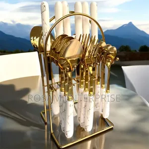 Gold-Finish Kitchen Utensil Set With White Marble-Pattern Handles,