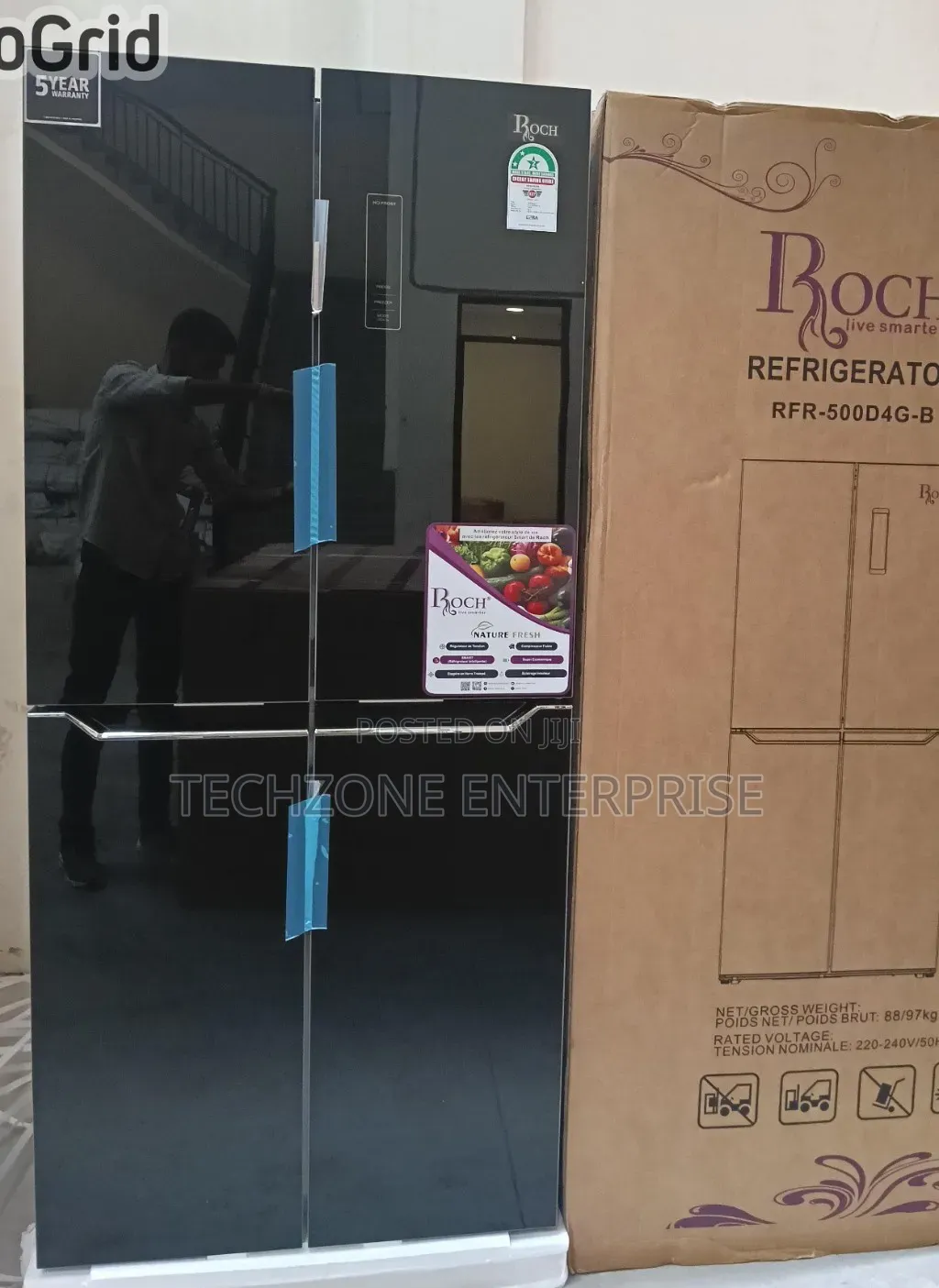 Roch 421 Litres  GLASS FOUR DOOR Refrigerator, Black ,