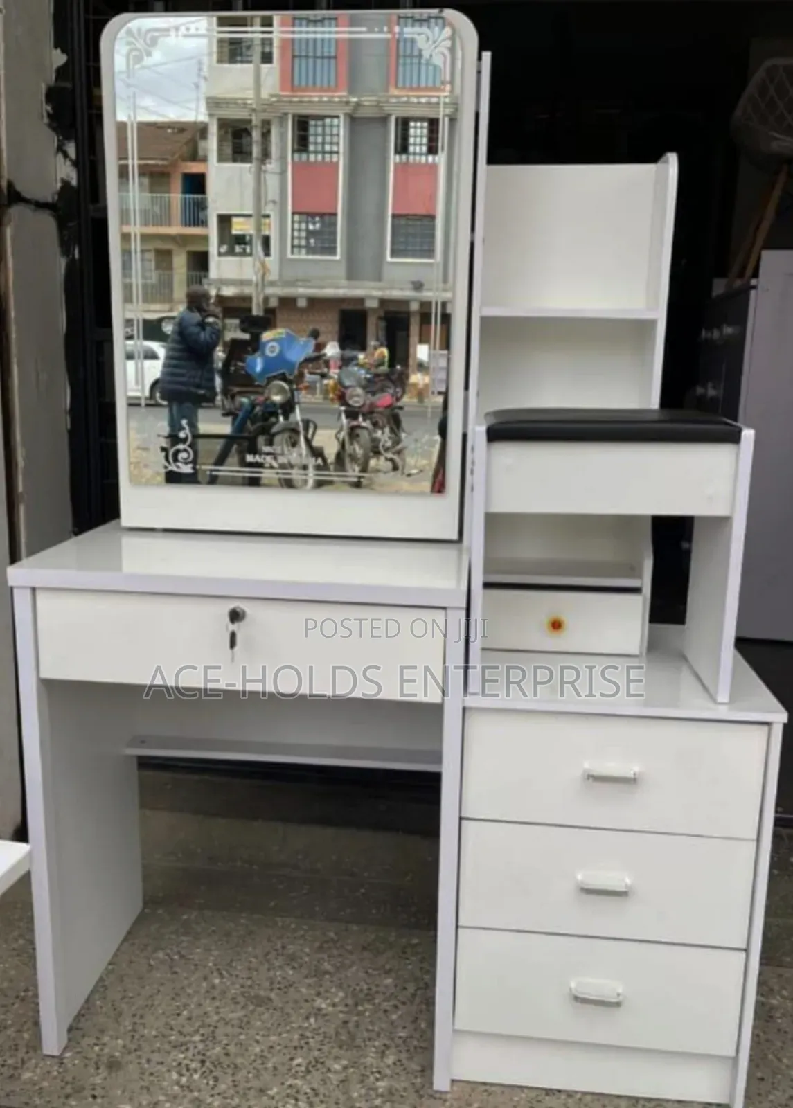 White/ Brown Theme - Dressing Table With Sliding Mirror and Stool