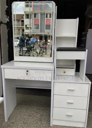 White/ Brown Theme - Dressing Table With Sliding Mirror and Stool