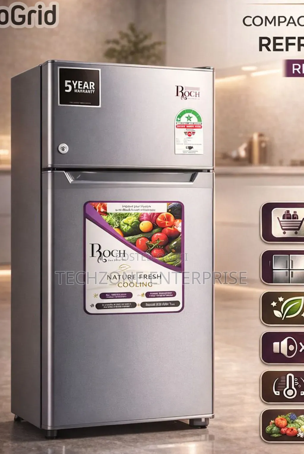 Roch 90 Litres Double Door RFR-115 Dt-1 Refrigerator, Silver,,